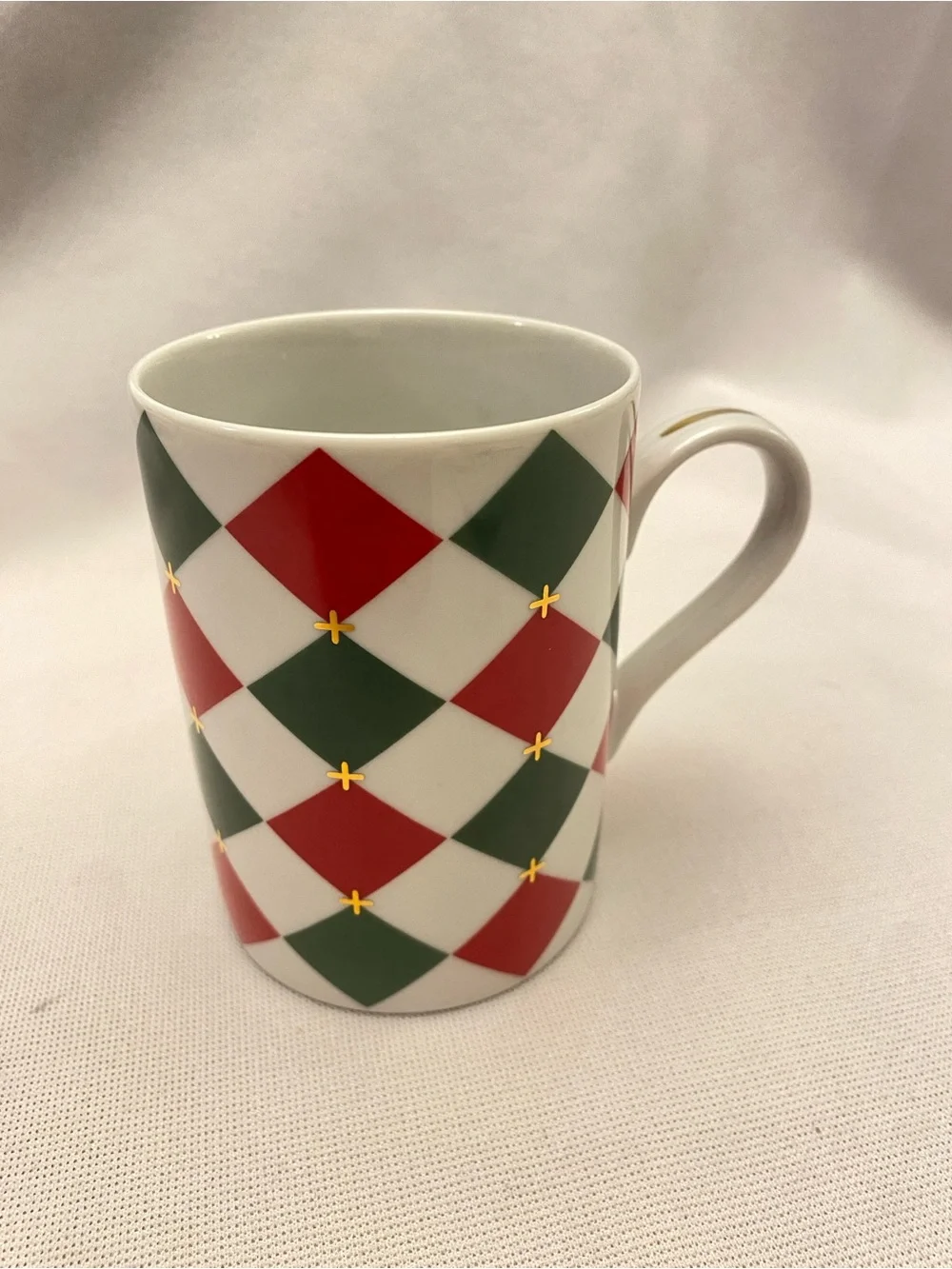 Vintage Harlequin Williams Sonoma Red Green Gold White Diamond Holiday Mug Japan